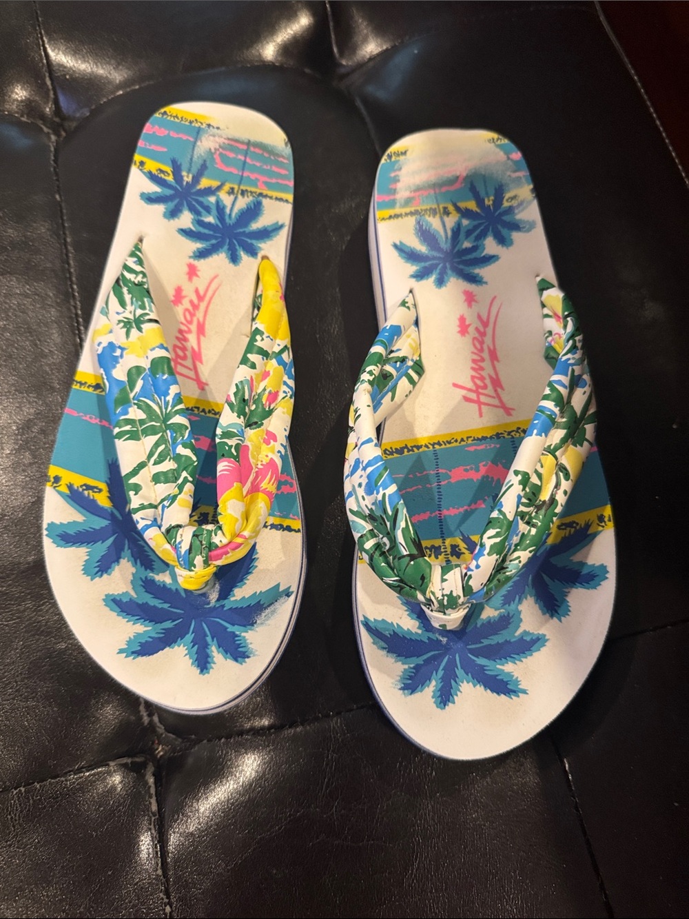 Hawaii Palm Print Fabric Flip Flops - Blue, Green, Yellow